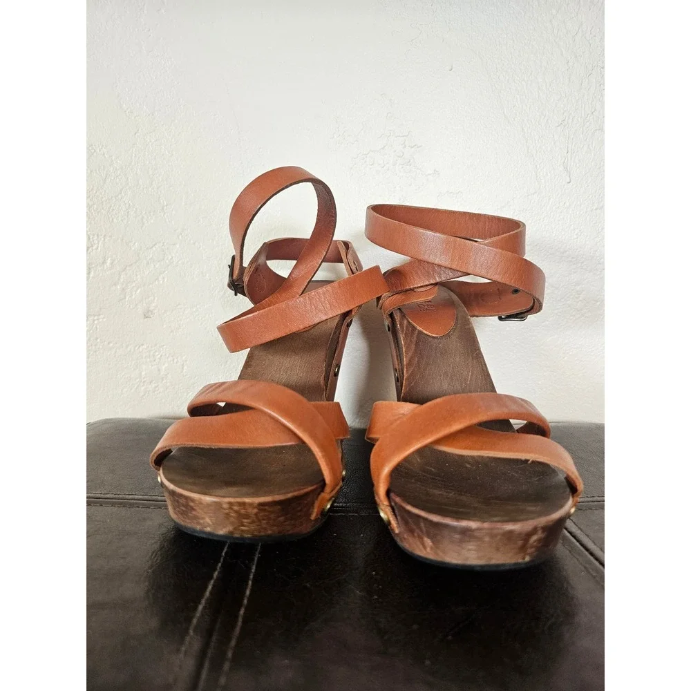 See by Chloe Ancle Wrap RivetLeather Brown Wooden Wedges Sandals sz EU 39 US 8.5